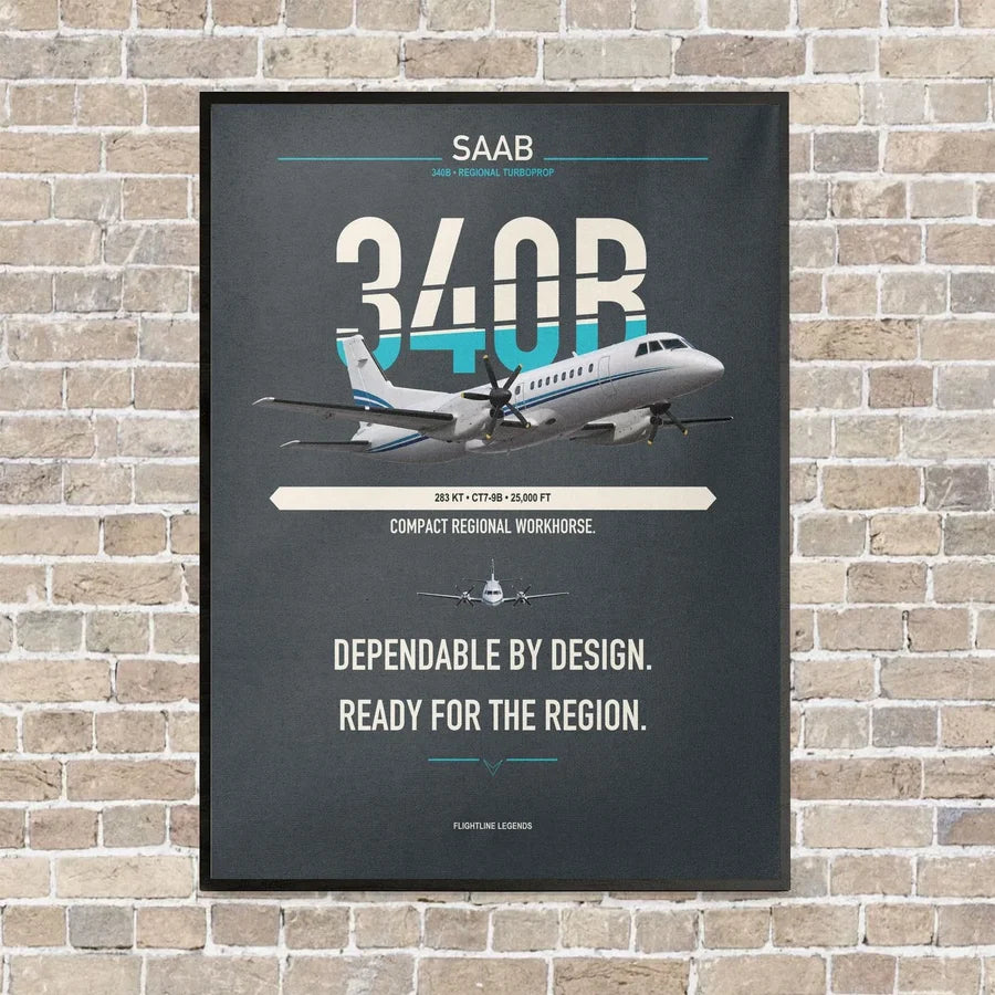 Saab 340B vertical canvas print - framed - gray background
