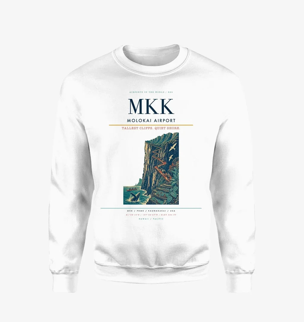 Molokai Airport (MKK) design on white sweatshirt
