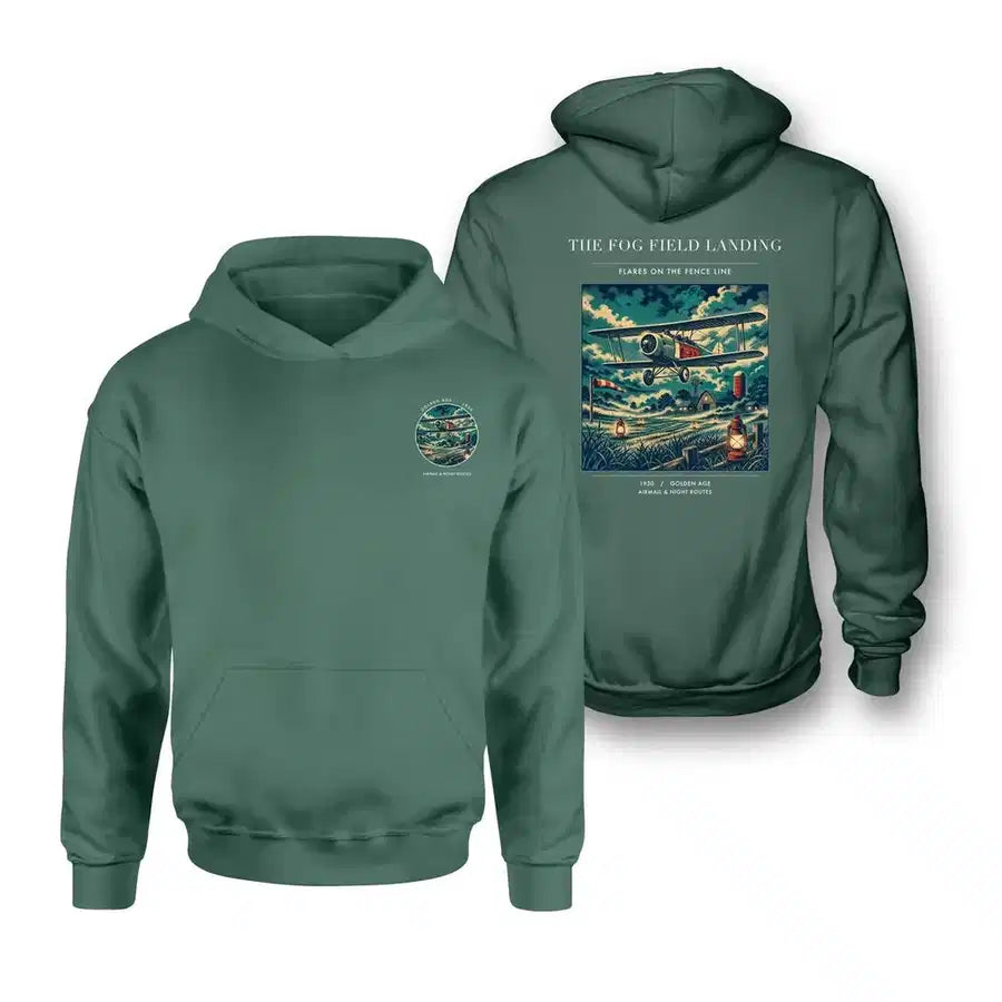 VINTAGE G4150 - The Fog Field Landing - Double-Side Hoodie design on green double side