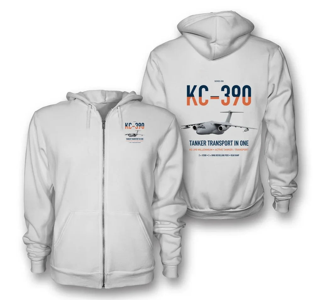 Embraer KC-390 Millennium design on white premium zipped hoodie, double-side print