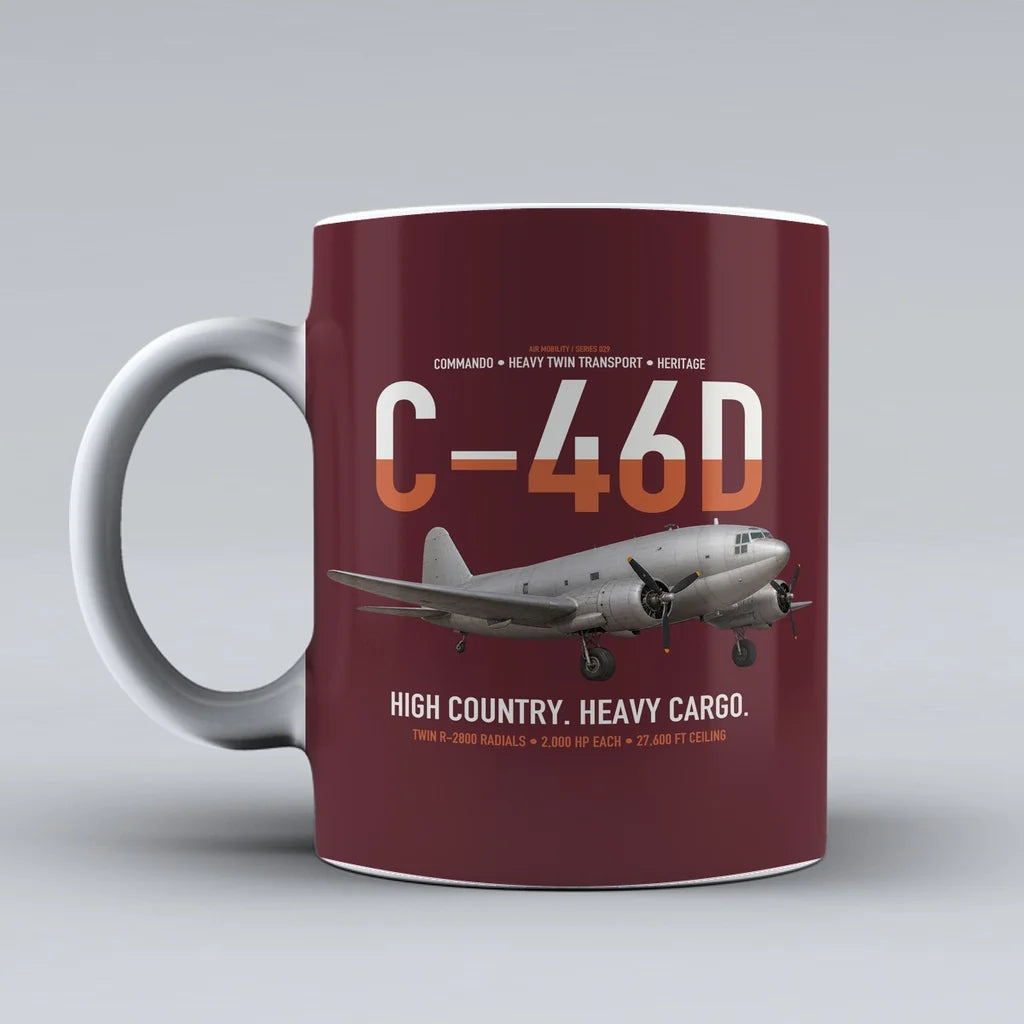 C-46D Commando design on dark red ceramic mug, double-side print