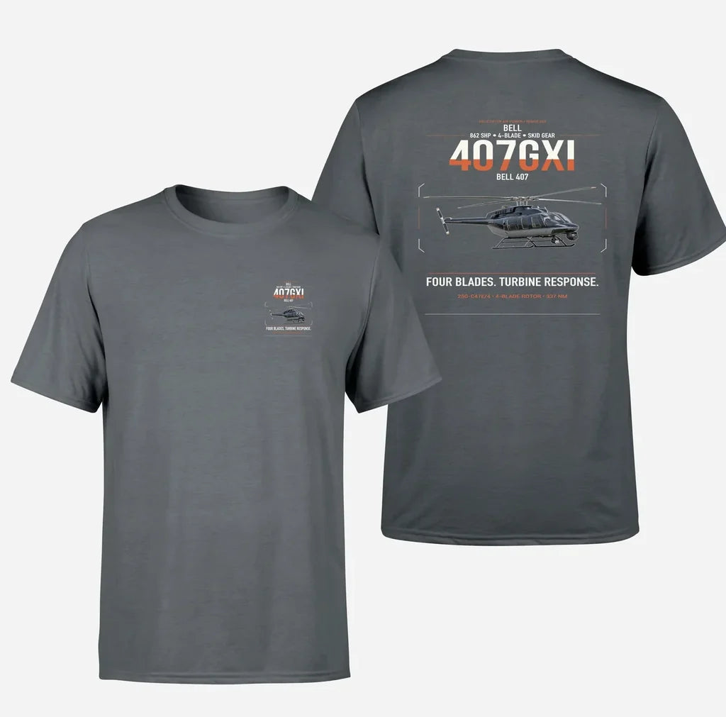 Bell 407GXi design on gray t-shirt, double-side print