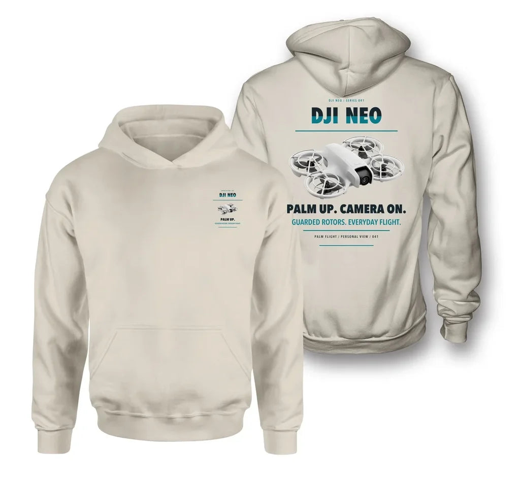 DJI Neo design on khaki hoodie