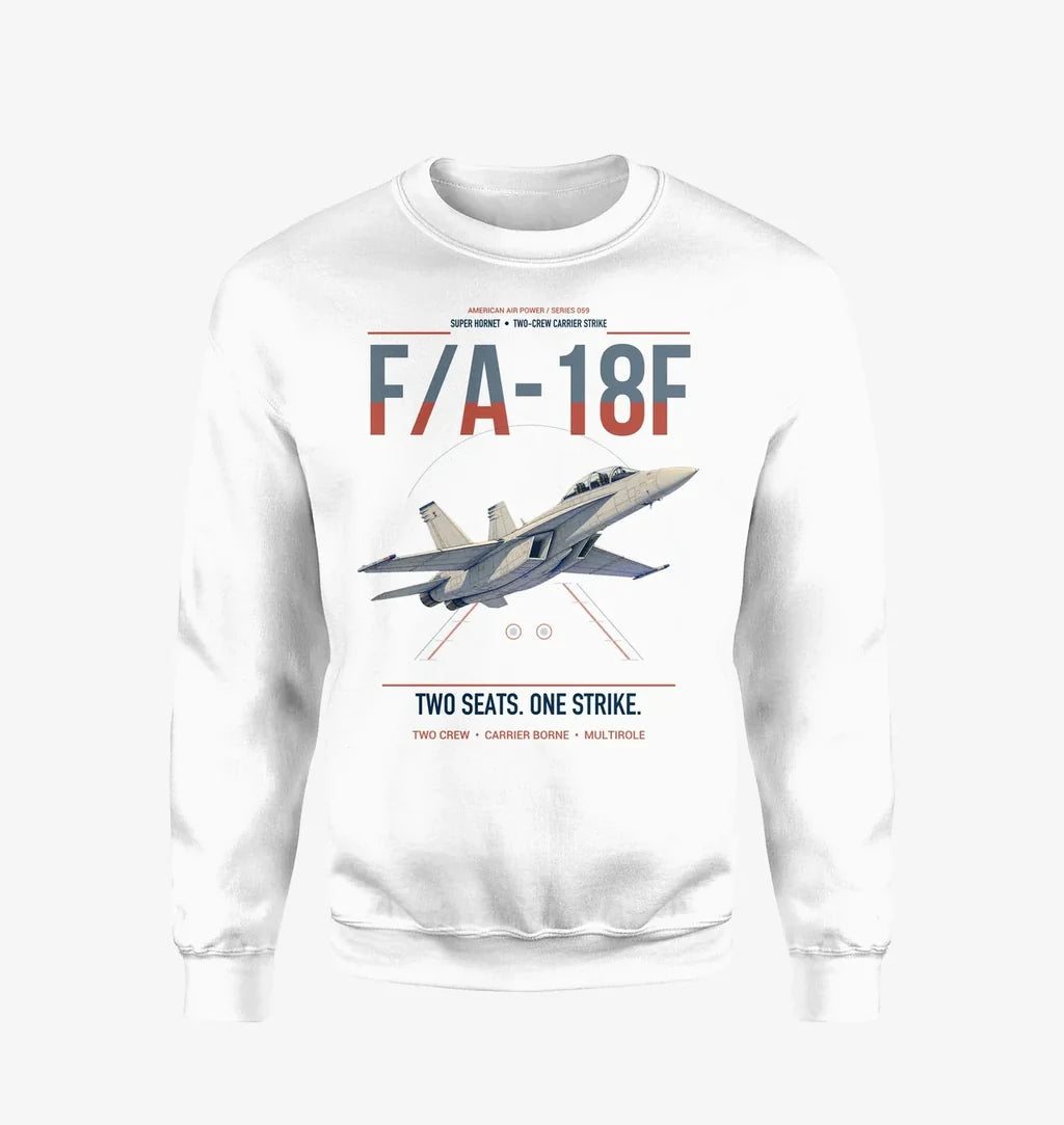 F-A-18F Super Hornet design on white sweatshirt