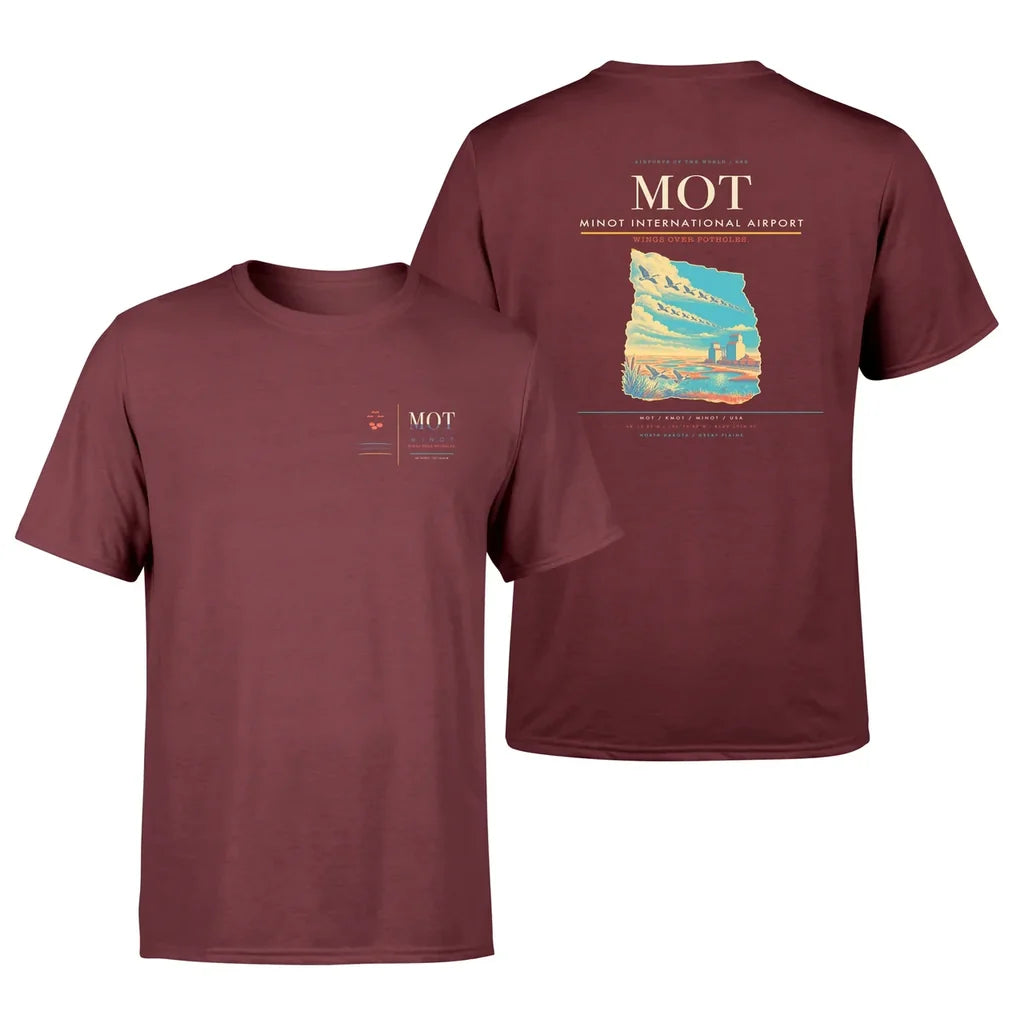 Minot International Airport (MOT) design printed on dark red double-side t-shirt