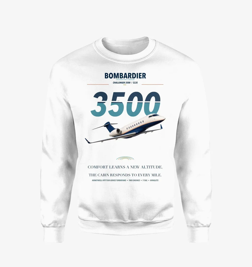 Bombardier Challenger 3500 design on white sweatshirt