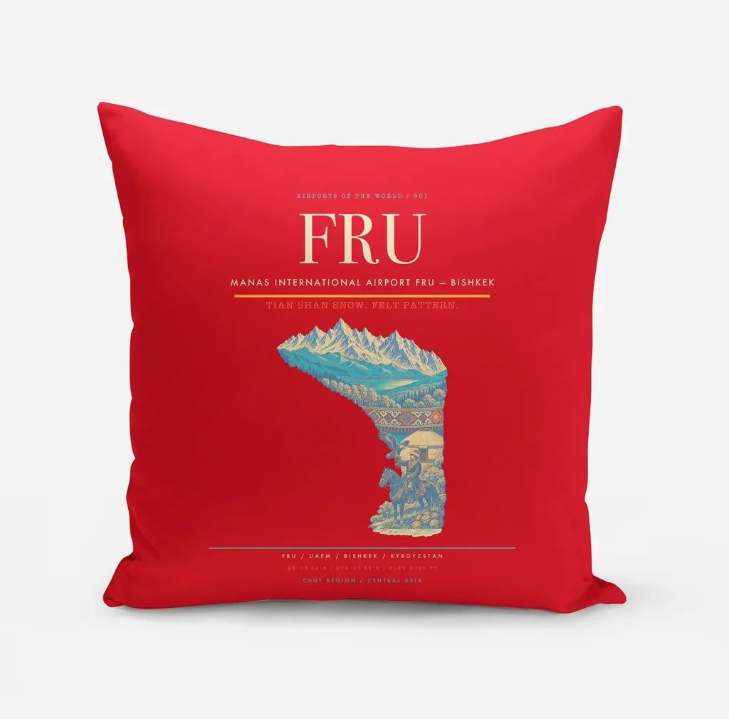 Manas International Airport (FRU) design on red pillow