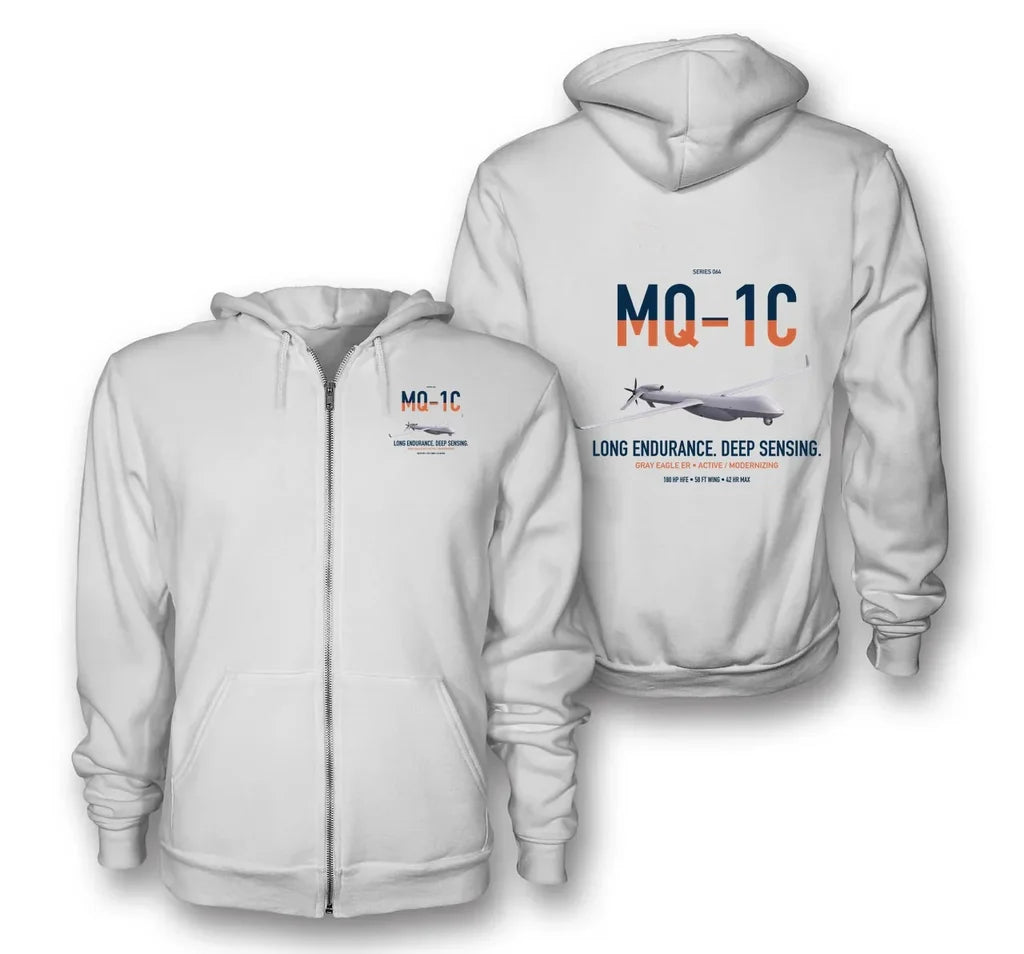 MQ-1C Gray Eagle ER design on white premium zipped hoodie, double-side print