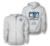 Thumbnail for Cessna 182 Skylane design on white premium zipped hoodie, double-side print