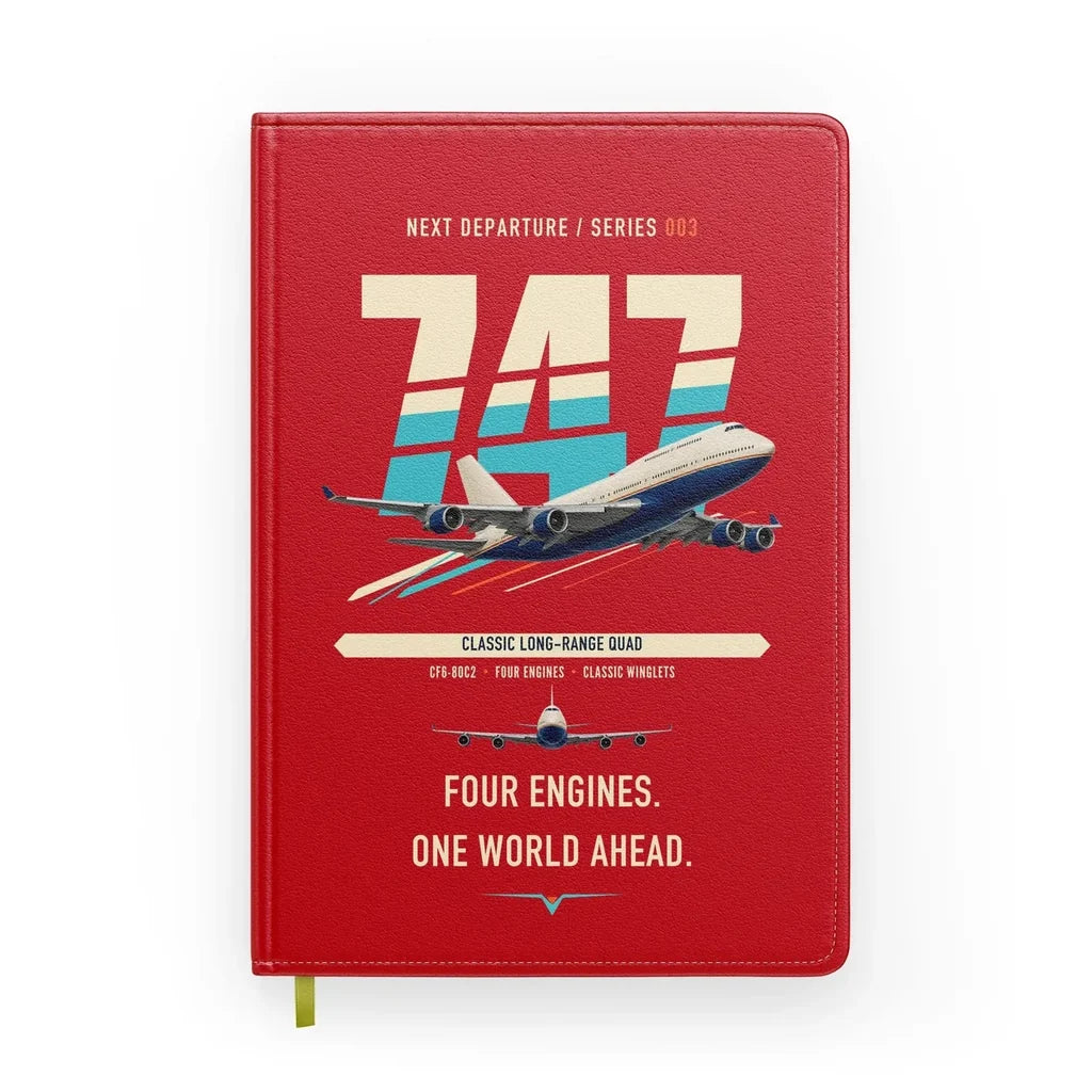 Boeing 747-400 design on red notebook
