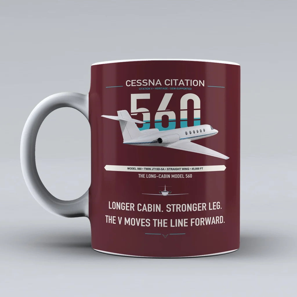 Cessna Citation 560 - Citation V design on dark red ceramic mug, double-side print