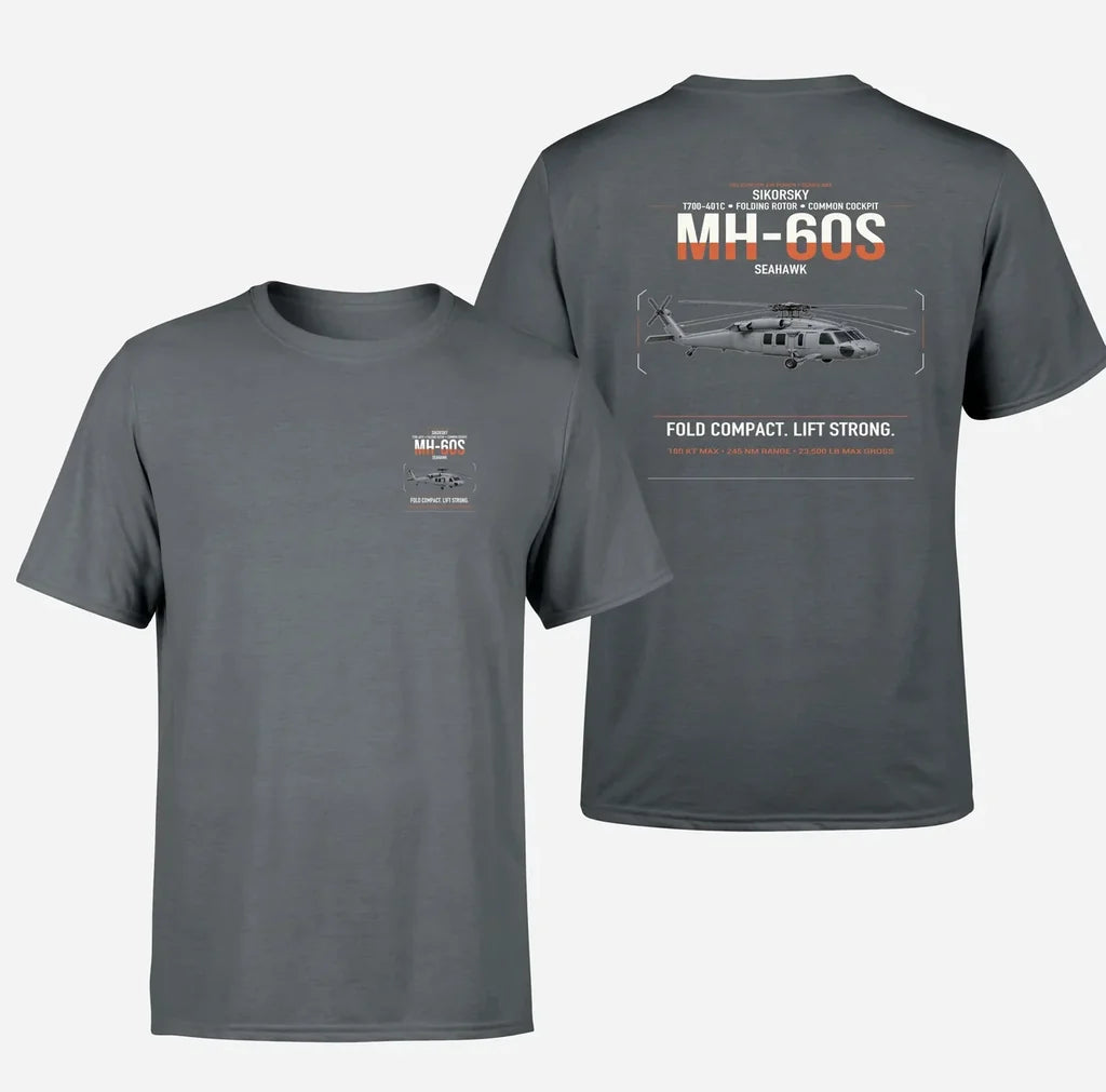 Sikorsky MH-60S Seahawk design on gray t-shirt, double-side print