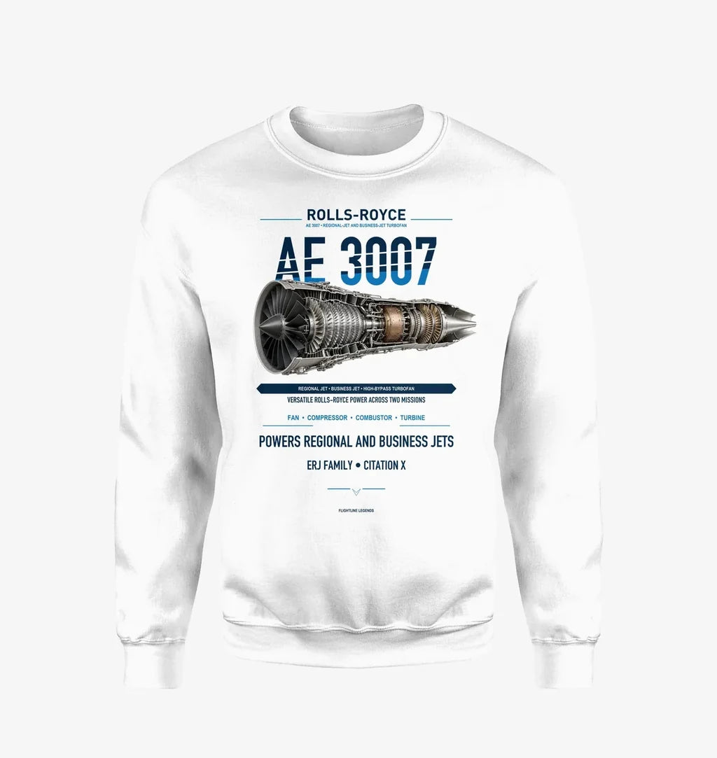 AE 3007 design on white sweatshirt