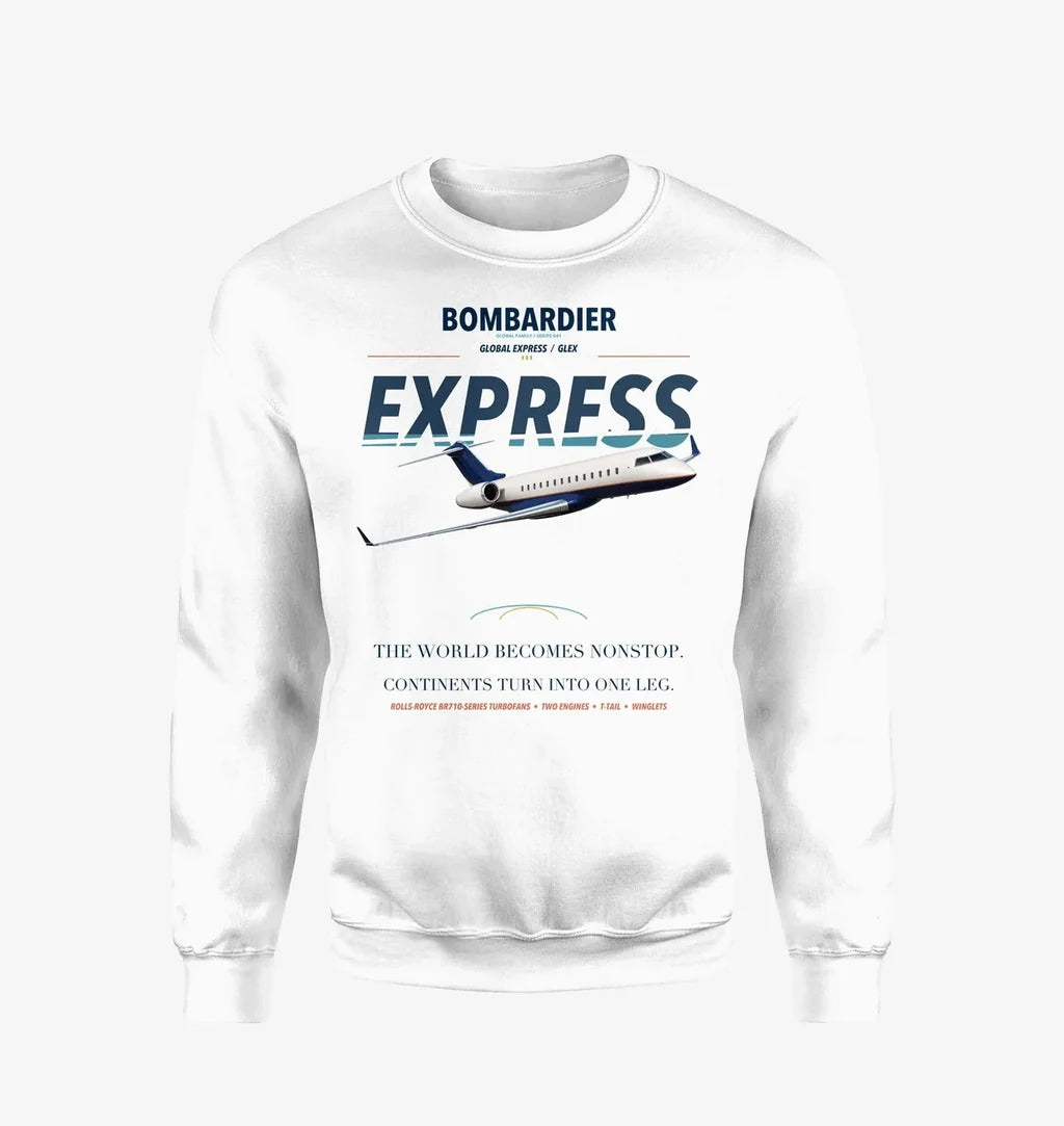 Bombardier Global Express design on white sweatshirt