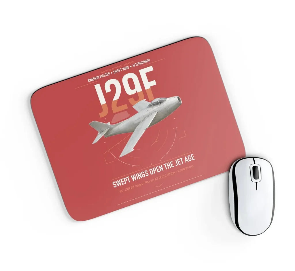 Saab J 29F Tunnan design on red rectangle mouse pad