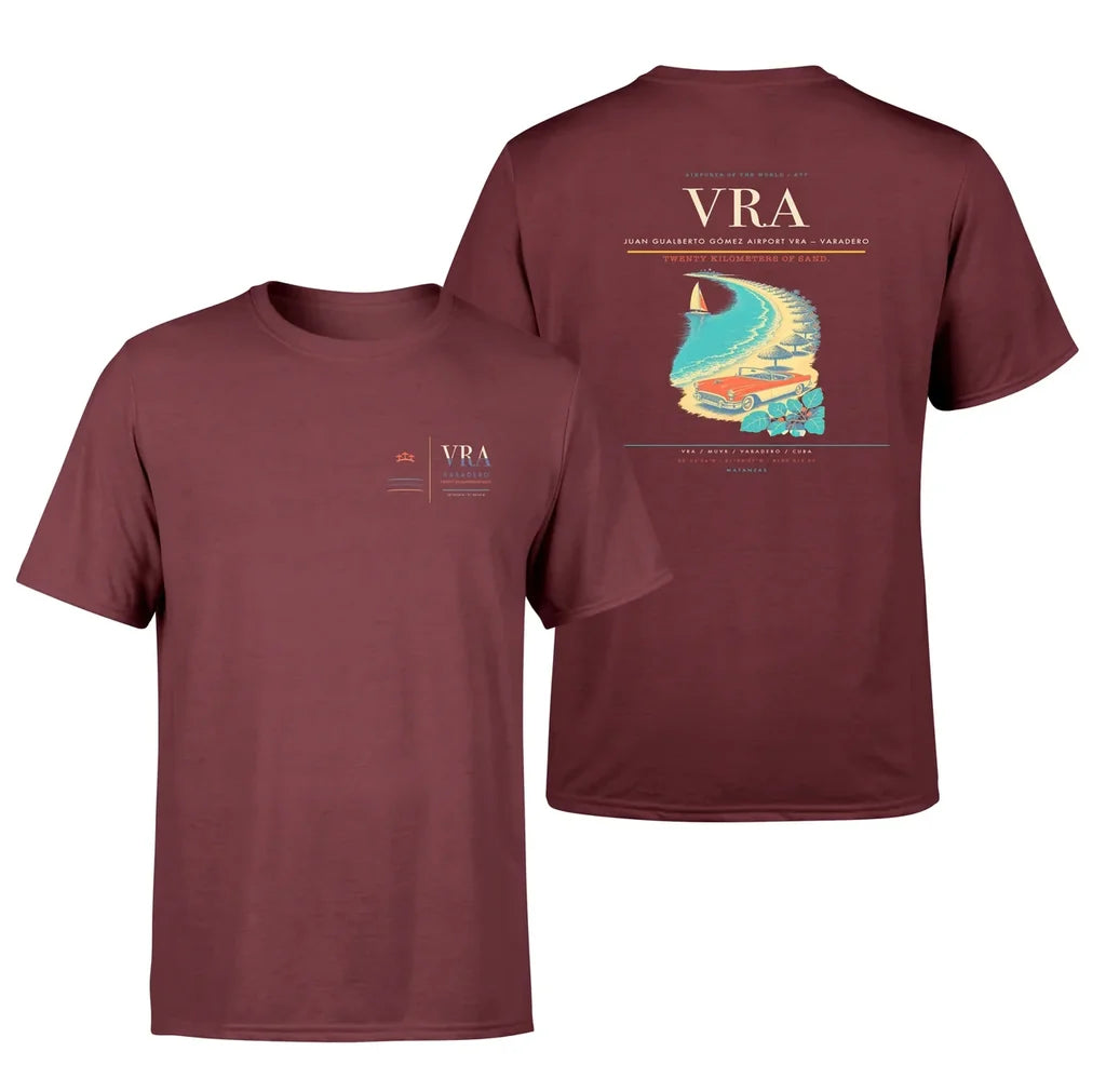 Juan Gualberto Gómez Airport (VRA) design printed on dark red double-side t-shirt