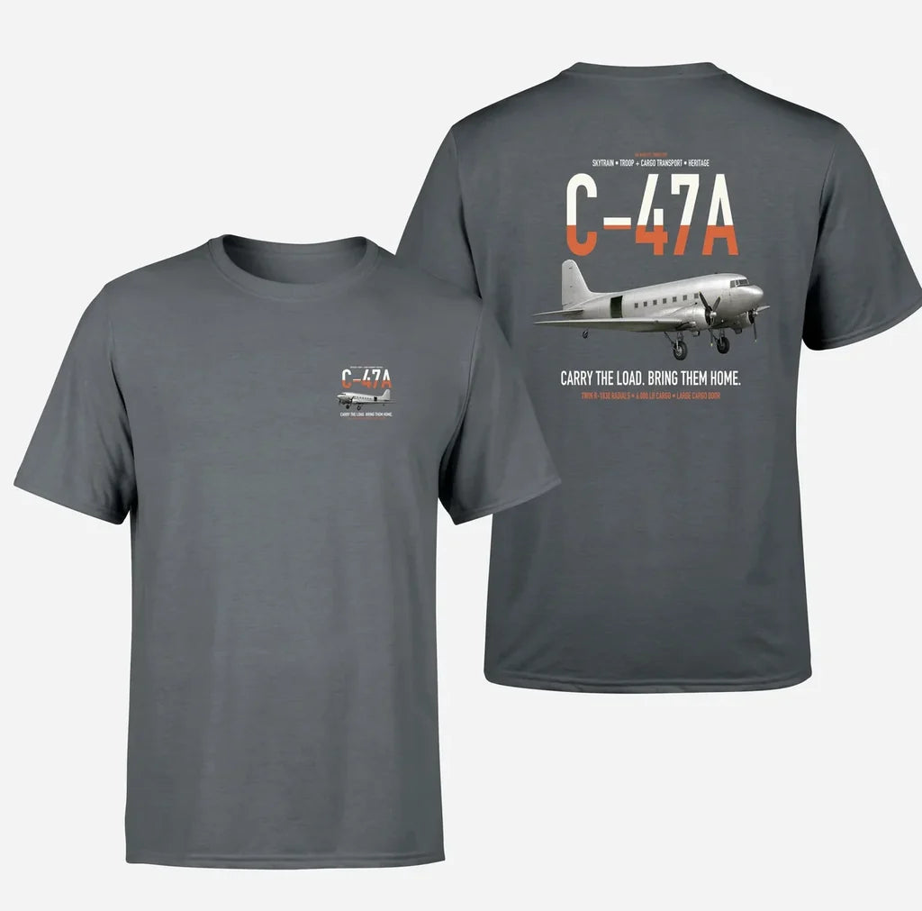 C-47A Skytrain design on gray double-side t-shirt, double-side print
