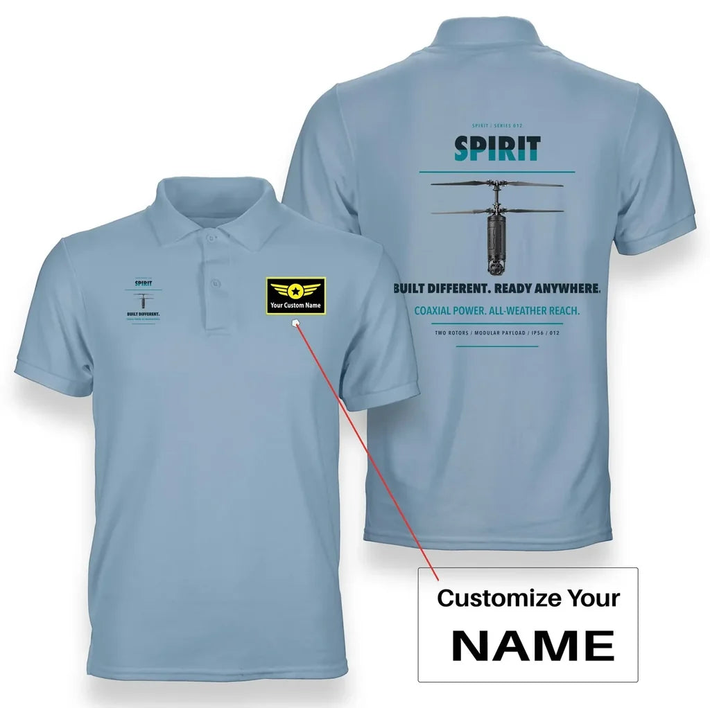 Ascent AeroSystems Spirit design on light blue polo with custom name badge
