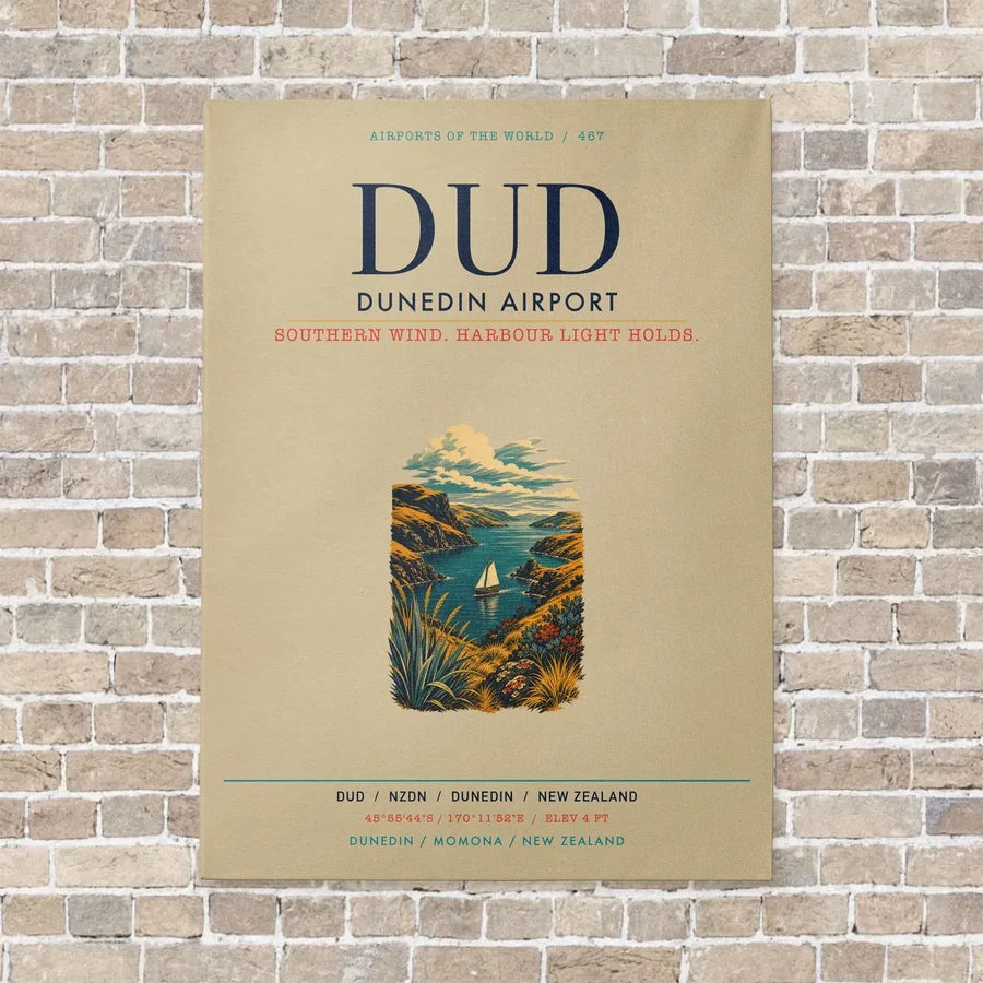 Dunedin Airport DUD vertical canvas print - no frame - beige background