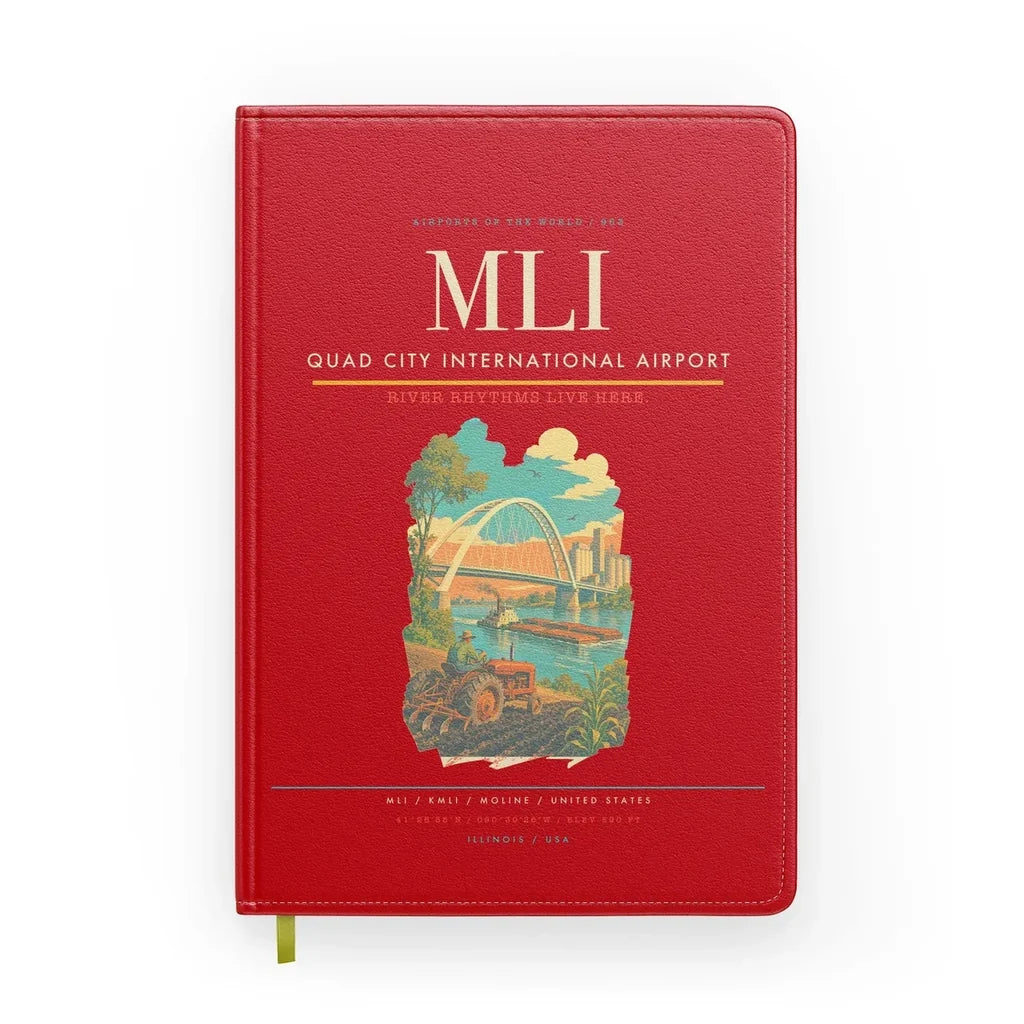 Quad City International Airport (MLI) design on red notebook