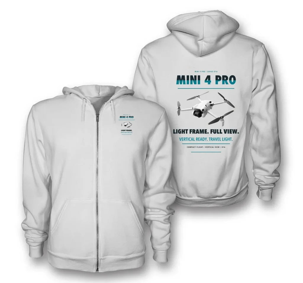 DJI Mini 4 Pro design on white zipped hoodie