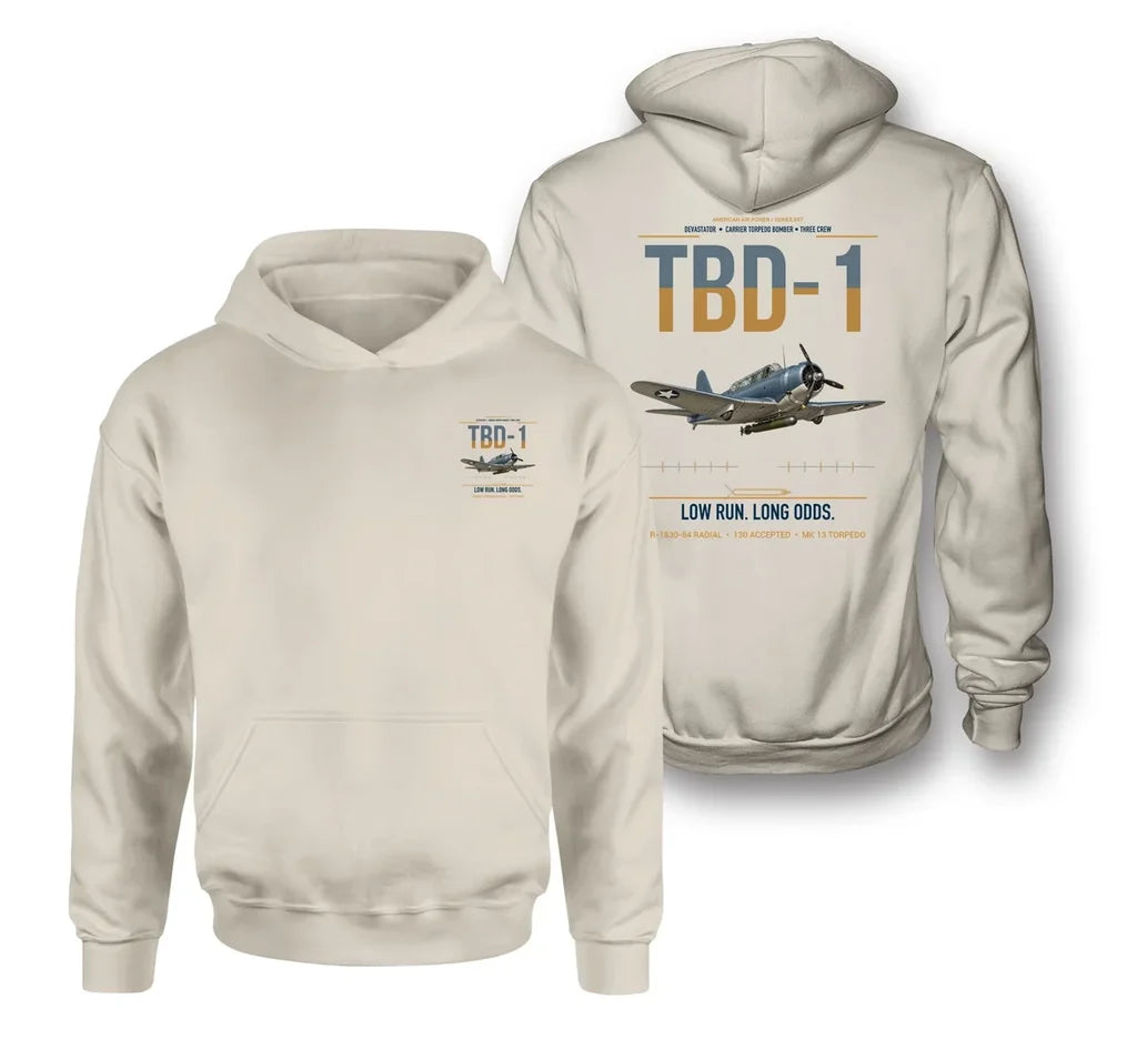 TBD-1 Devastator design on khaki double-side hoodie, double-side print