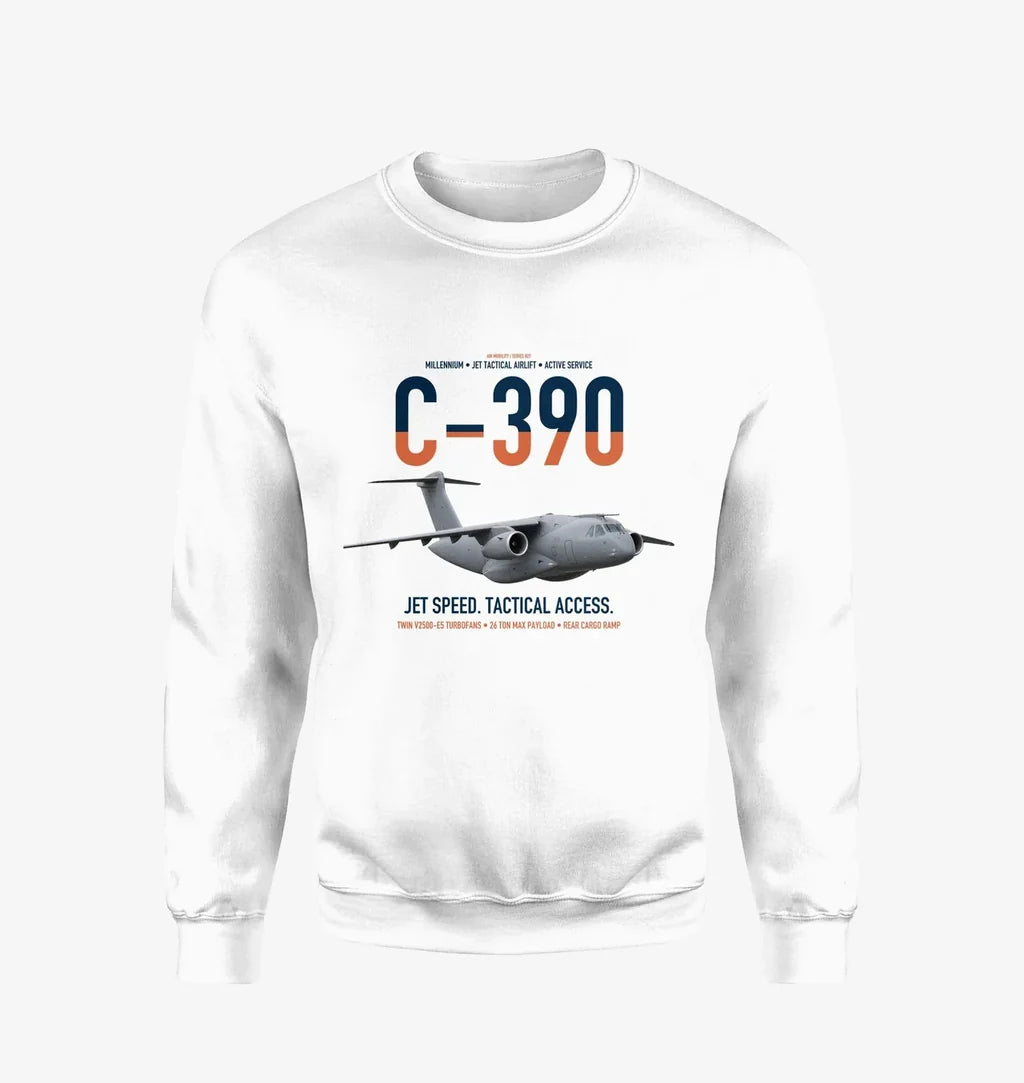 C-390 Millennium design on white sweatshirt