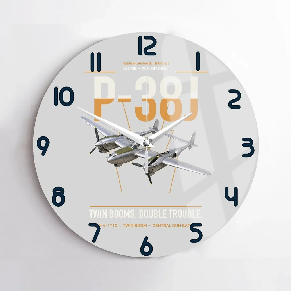 P-38J Lightning design on light gray no frame wall clock