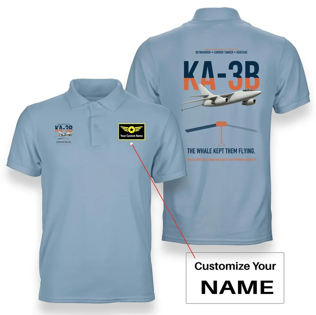 KA-3B Skywarrior design on light blue+name double-side polo t-shirt, double-side print