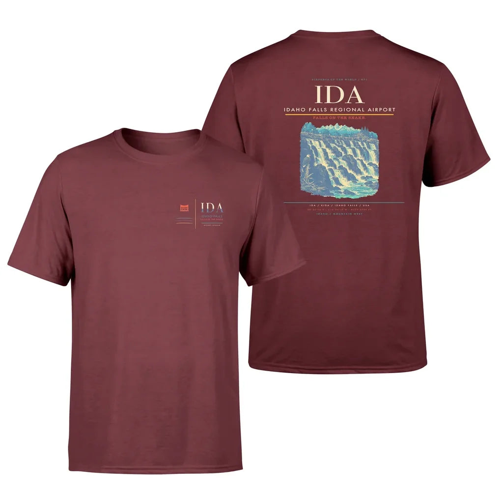 Idaho Falls Regional Airport (IDA) design printed on dark red double-side t-shirt