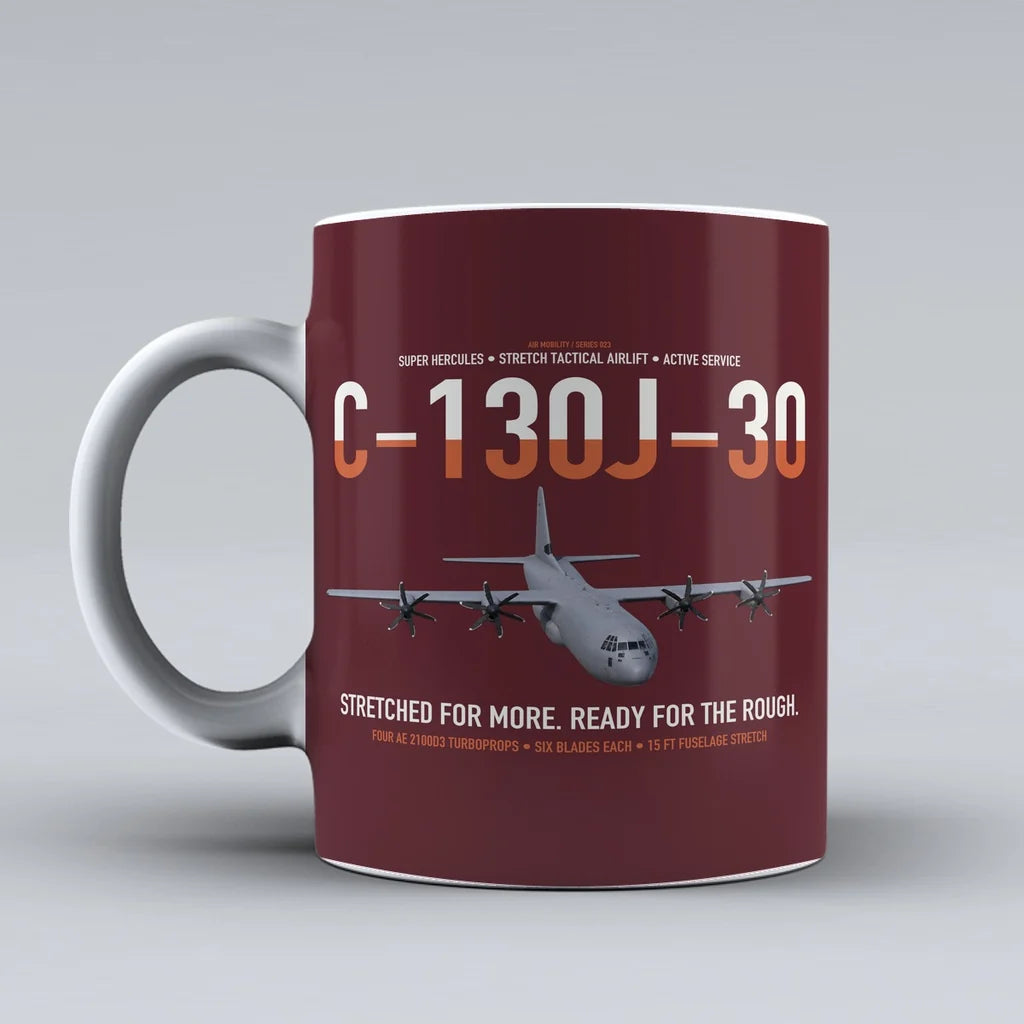 C-130J-30 Super Hercules design on dark red ceramic mug, double-side print