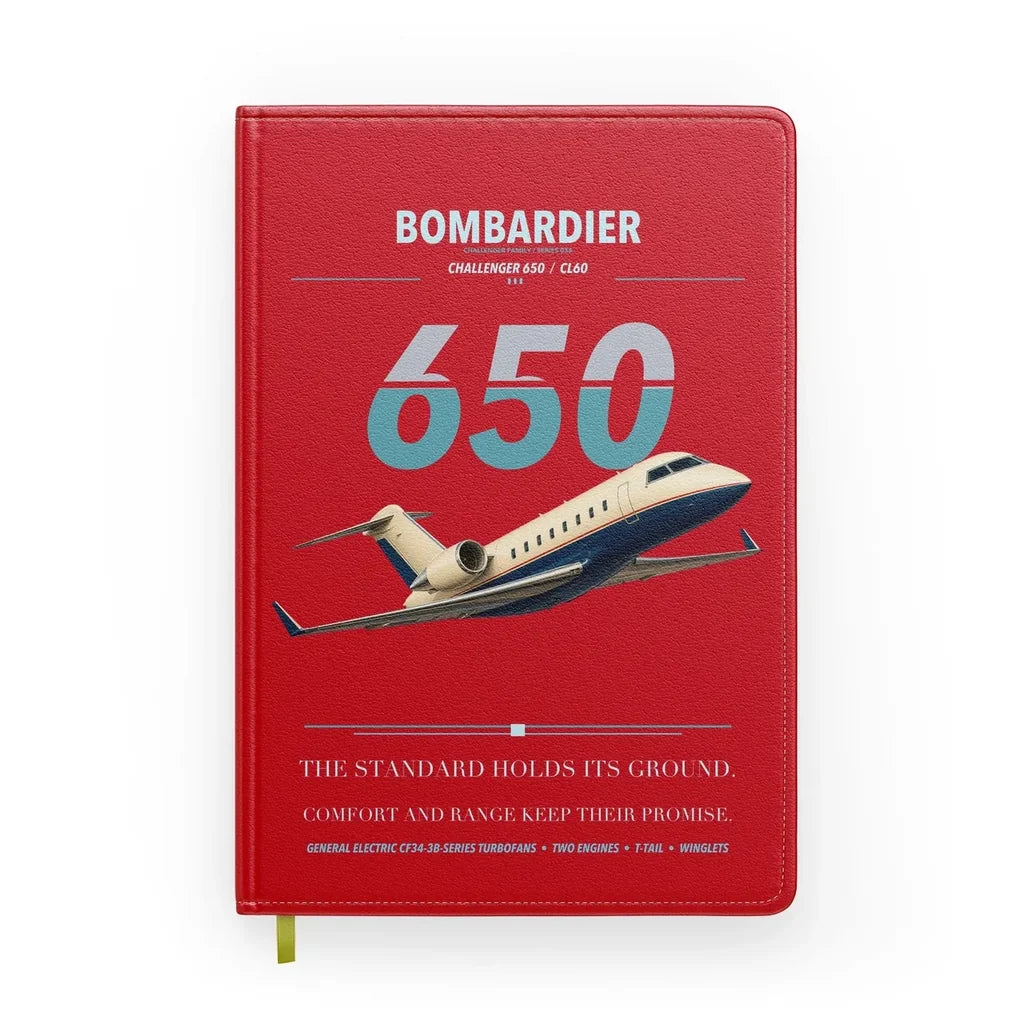 Bombardier Challenger 650 design on red notebook