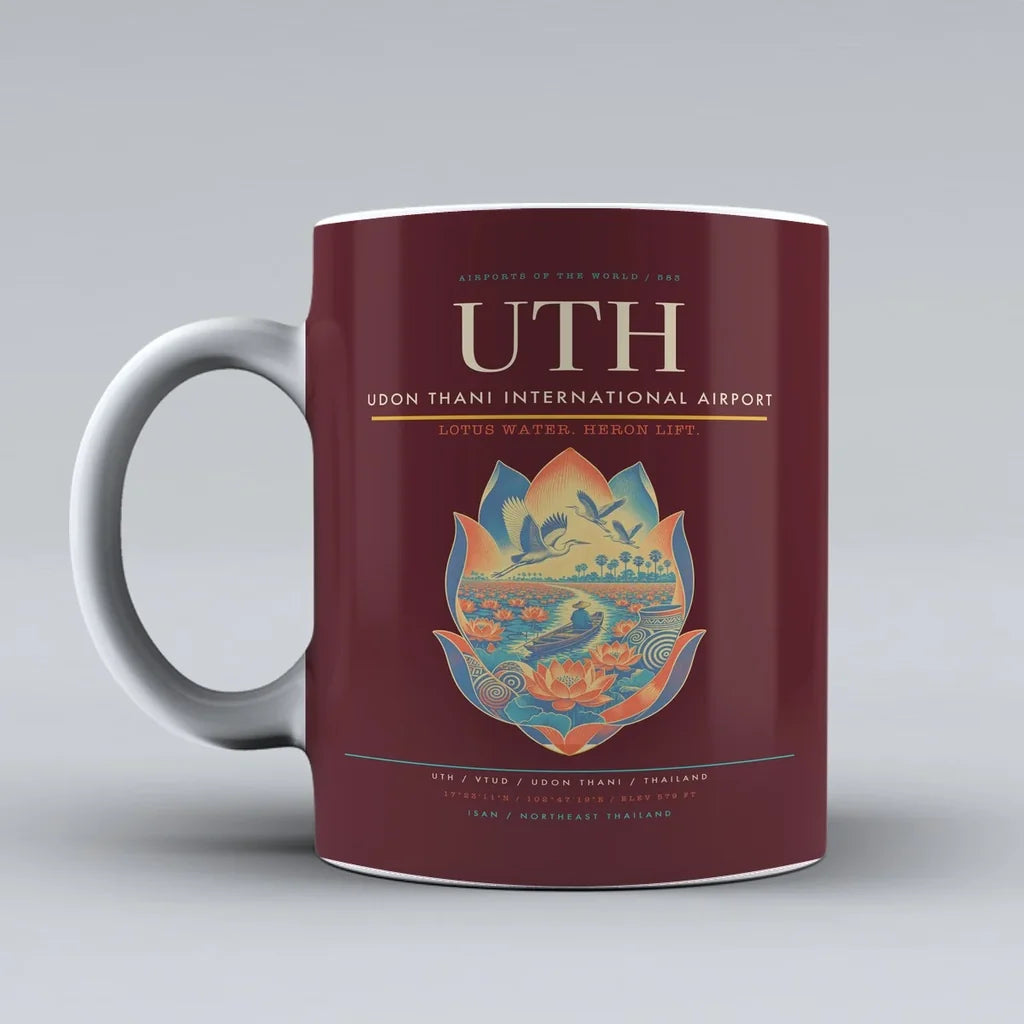 Thani International Airport UTH Mug design on dark red udon