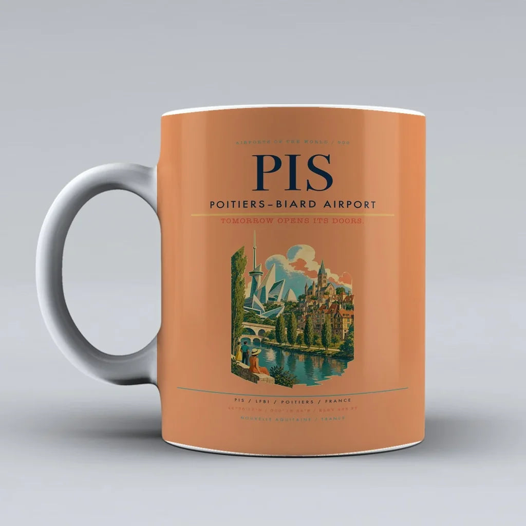 Poitiers–Biard Airport (PIS) airport code design on orange ceramic mug