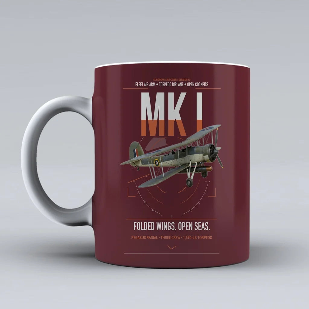 Fairey Swordfish Mk I design on dark red ceramic mug, double-side print
