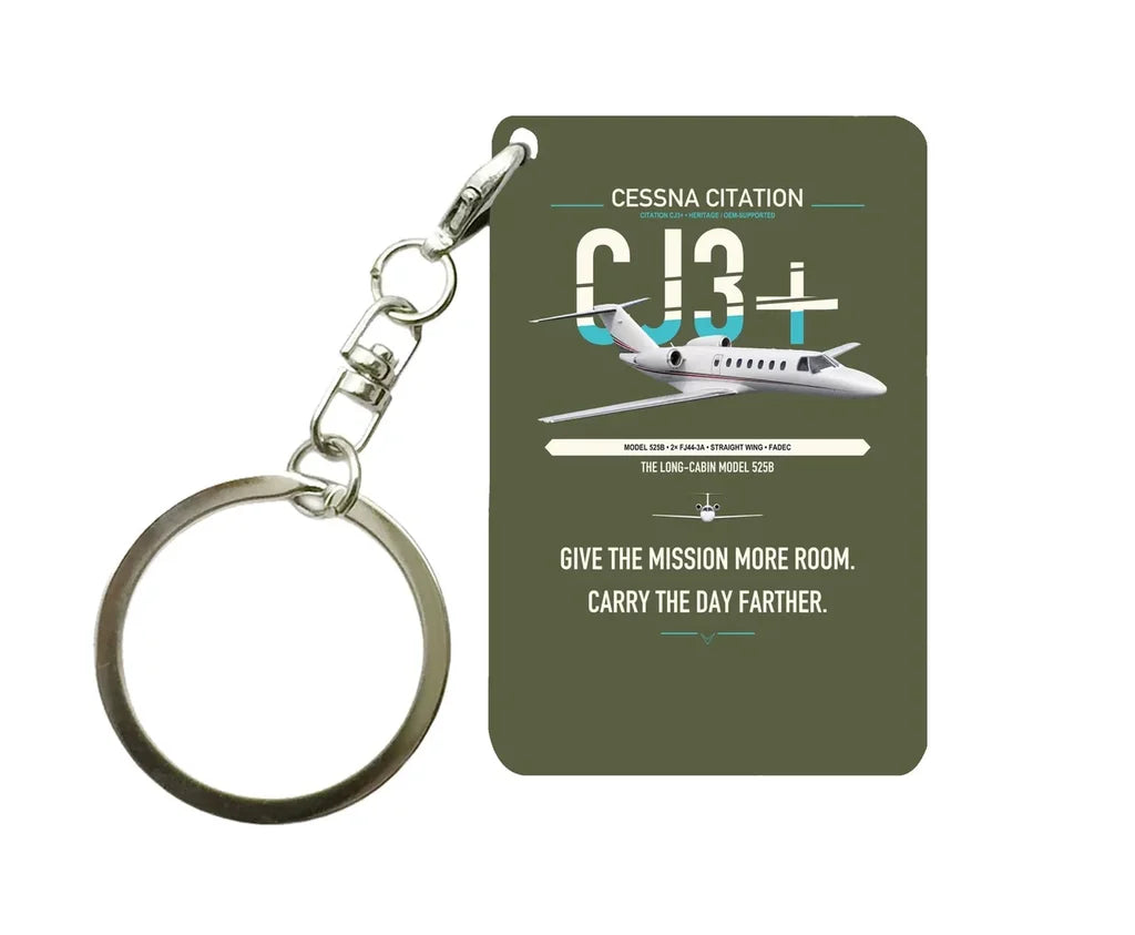 Cessna Citation CJ3+ design on green army designed key chain, double-side print