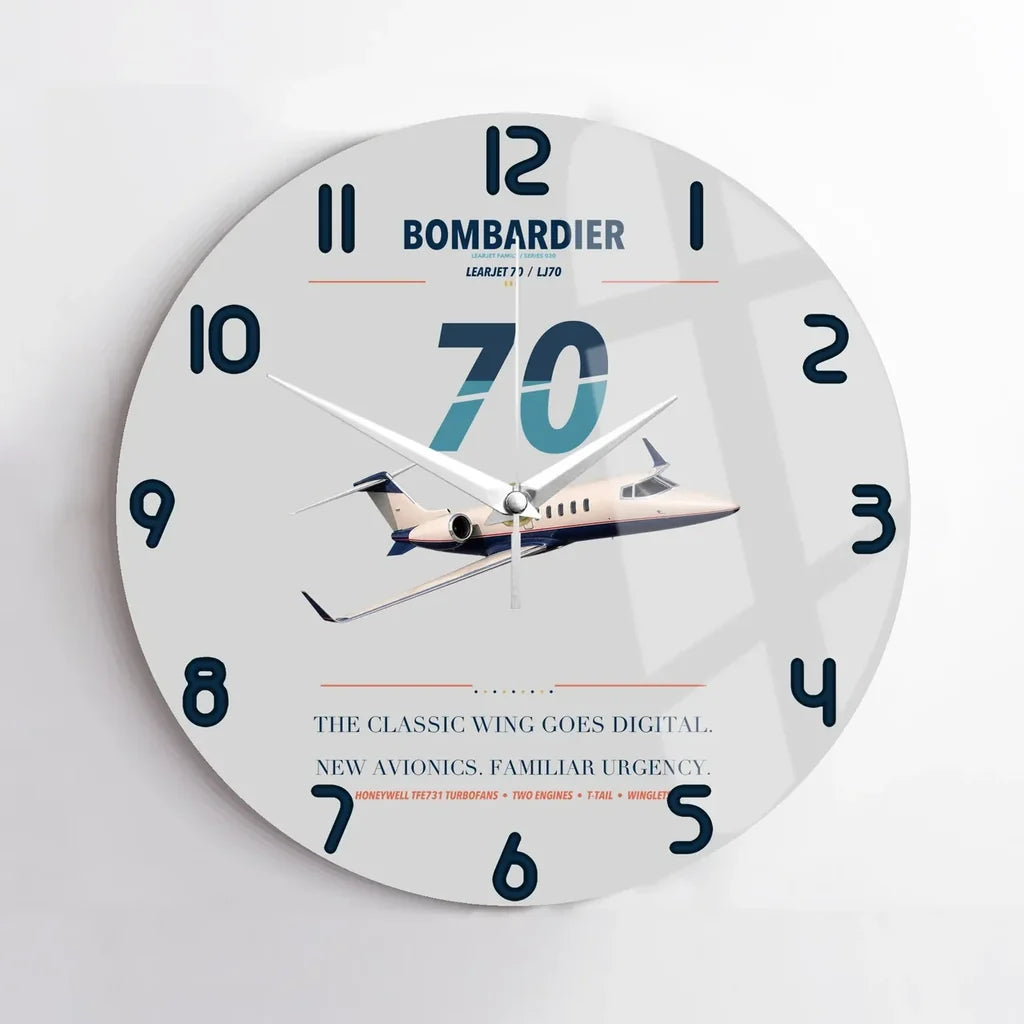 Bombardier Learjet 70 design on light gray no frame wall clock