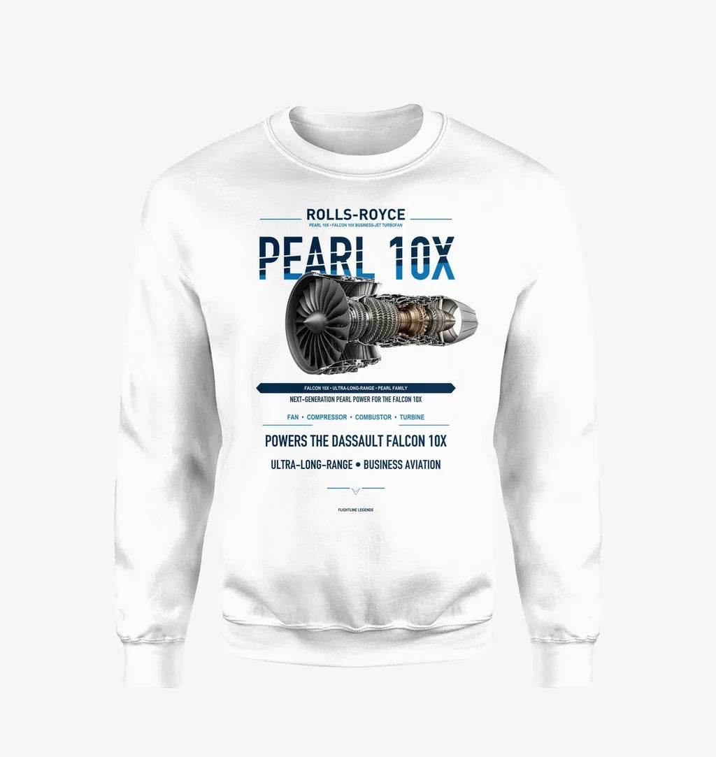 PEARL 10X design on white sweatshirt