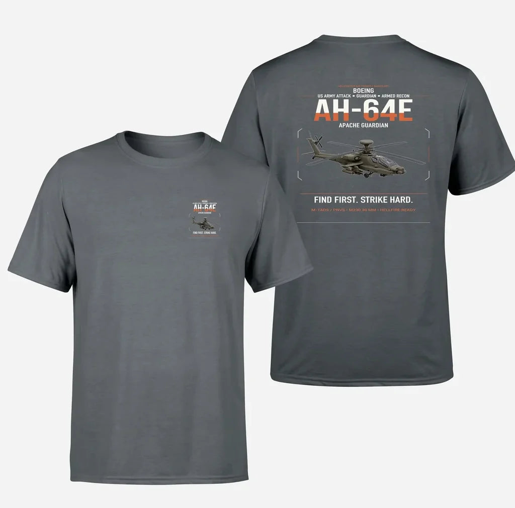 Boeing AH-64E Apache Guardian design on gray t-shirt, double-side print