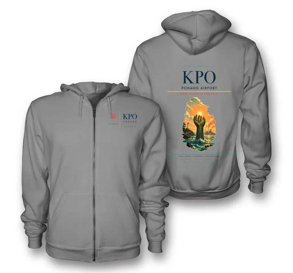 Pohang Airport (KPO) design on gray premium zipped hoodie