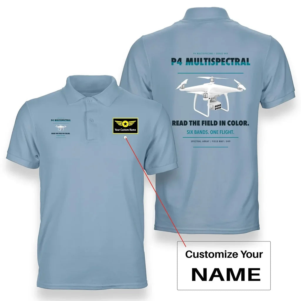 DJI P4 Multispectral design on light blue polo with custom name badge