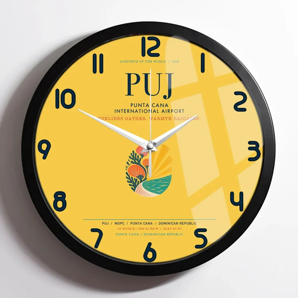 Punta Cana International Airport (PUJ) design on yellow framed wall clock