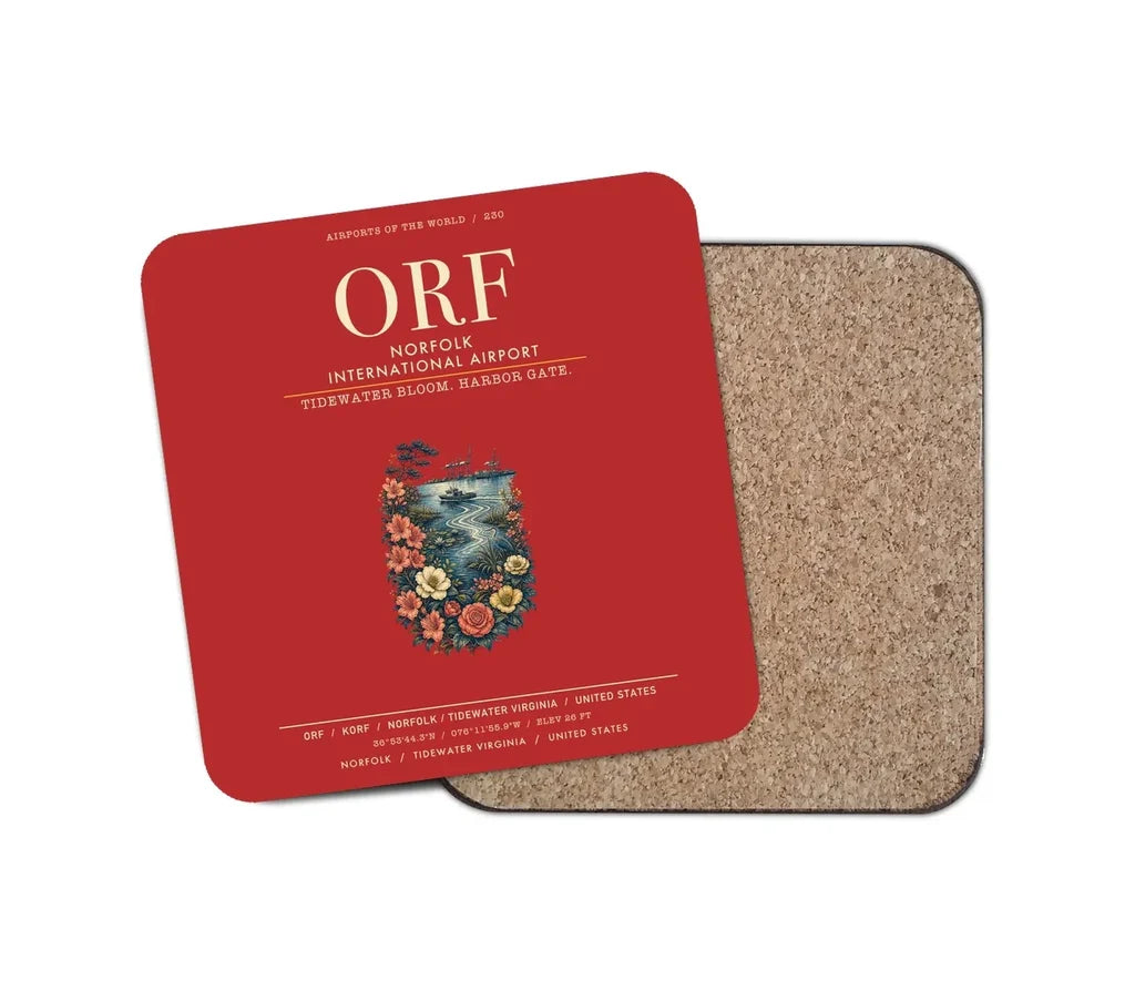 Norfolk International Airport (ORF) design on red 1 piece coaster