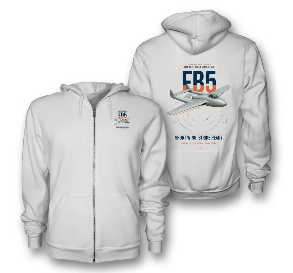 de Havilland Vampire FB5 design on white premium zipped hoodie, double-side print