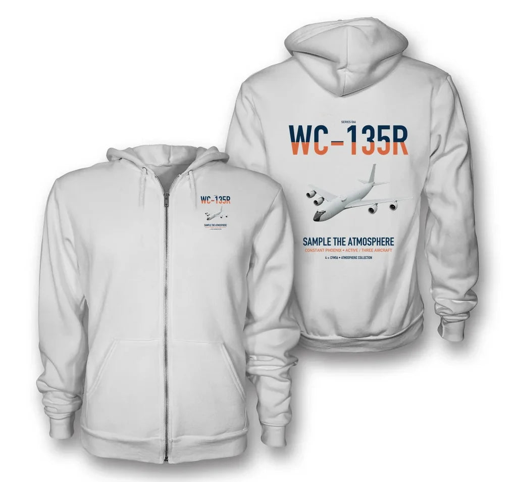 WC-135R Constant Phoenix design on white premium zipped hoodie, double-side print