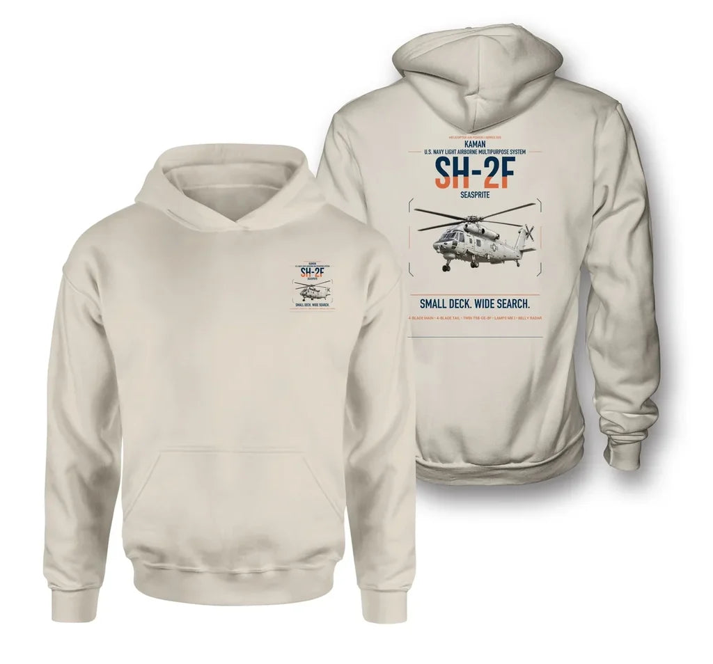 Kaman SH-2F Seasprite design on khaki double-side hoodie, double-side print