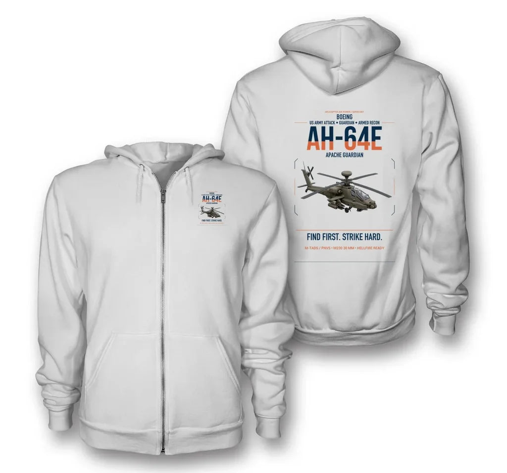 Boeing AH-64E Apache Guardian design on white premium zipped hoodie, double-side print
