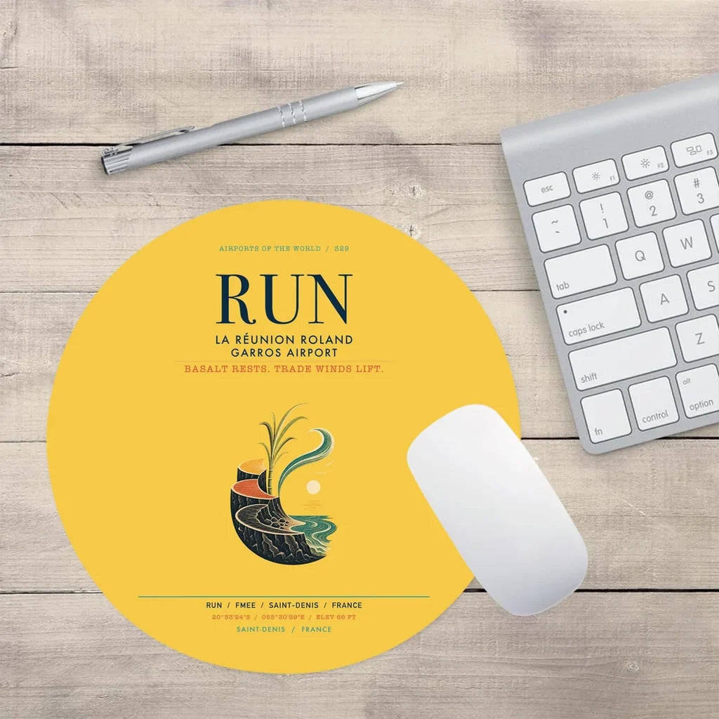 La Réunion Roland Garros Airport (RUN) design on yellow round mouse pad