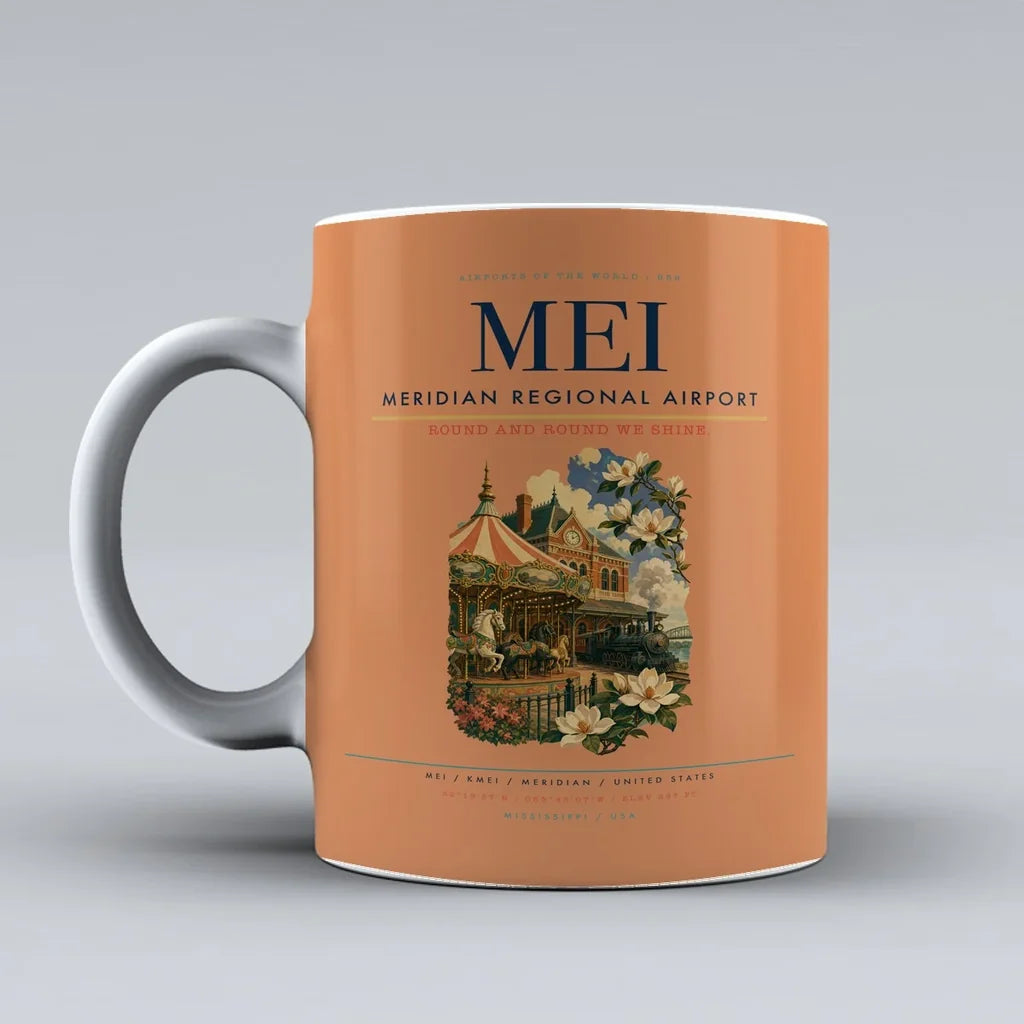 Meridian Regional Airport (MEI) airport code design on orange ceramic mug