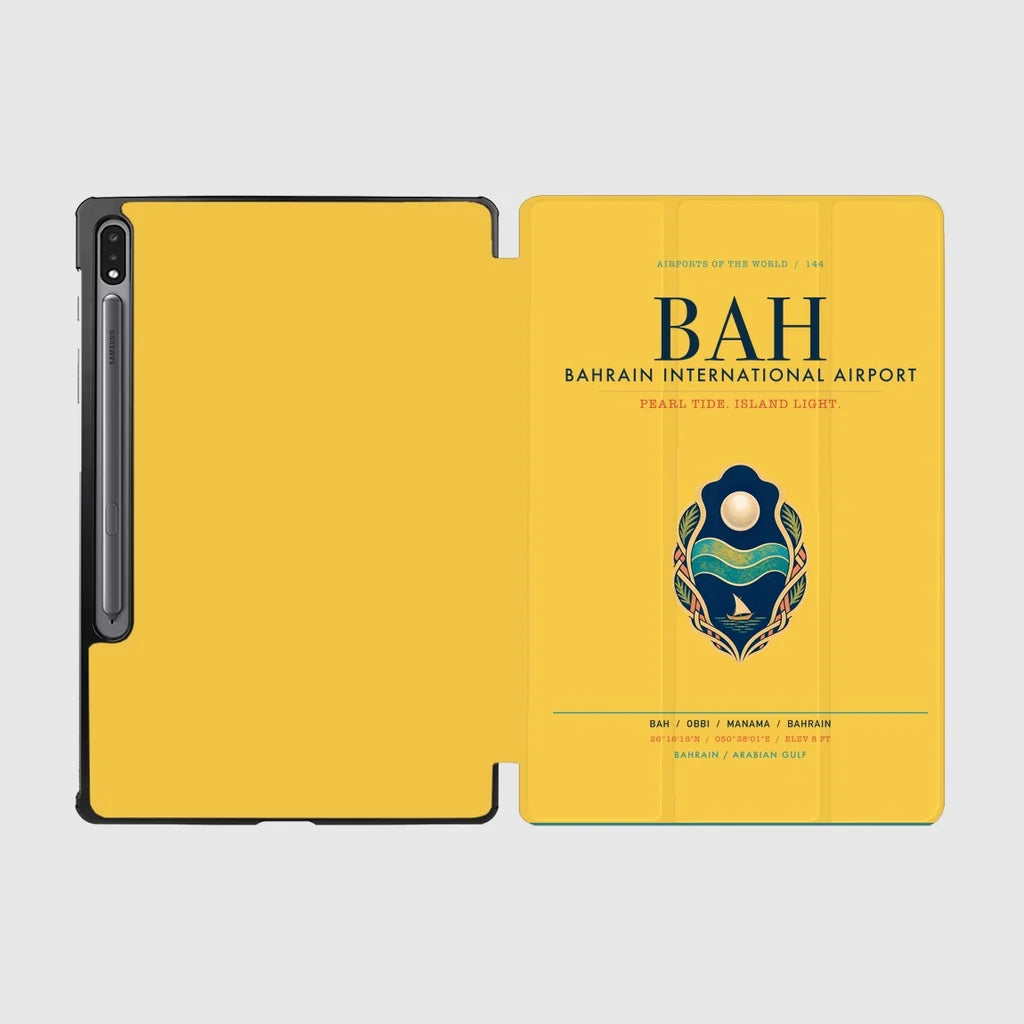 Bahrain International Airport (BAH) design on yellow samsung tablet tablet case